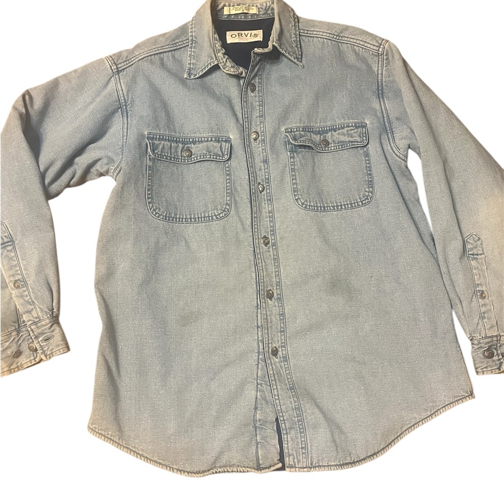 Vintage Orvis Men's Denim Shirt Jacket Fleece Lined Size M Navy Blue